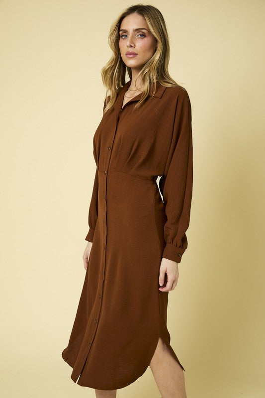 Long Sleeve Collared Button Down Midi Dress - Copper