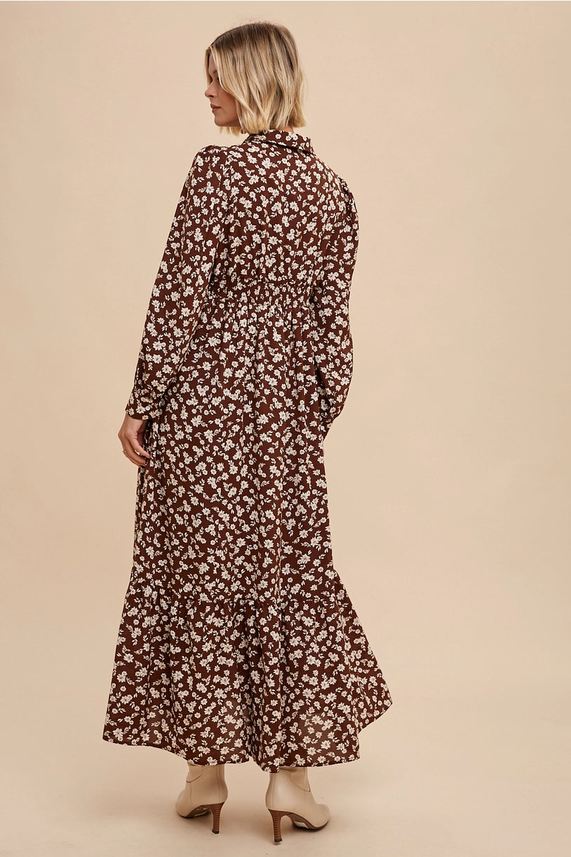 Floral Collar Button Down Maxi Dress - MOCHA FLORAL