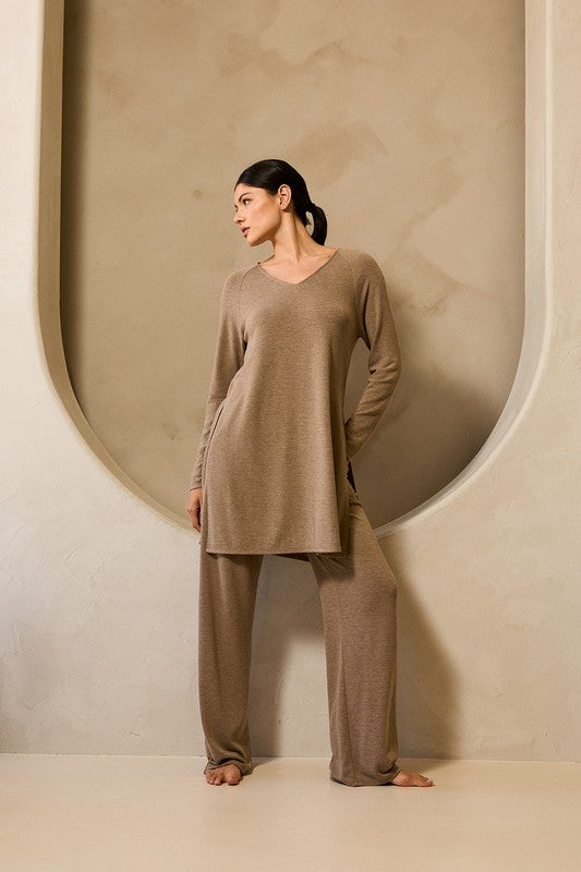 Naglan Long Sleeve Top and High Waist Pants - Camel