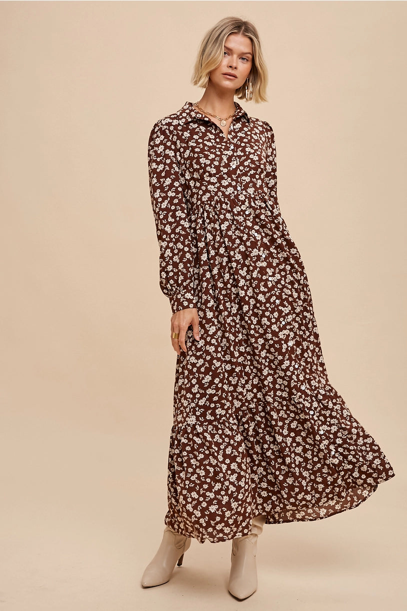 Floral Collar Button Down Maxi Dress - MOCHA FLORAL