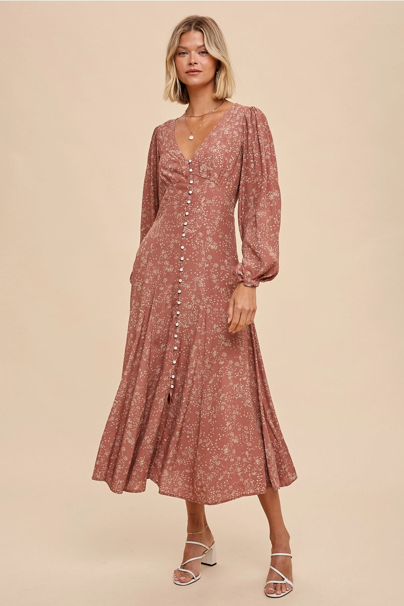 VISCOSE FLORAL BUTTON DOWN MAXI DRESS- ROSEWOOD