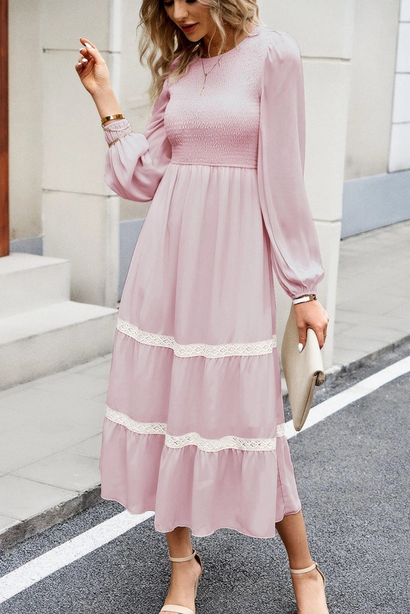 Women Lace Trim Long Sleeve Elegant Maxi Dress - Pink