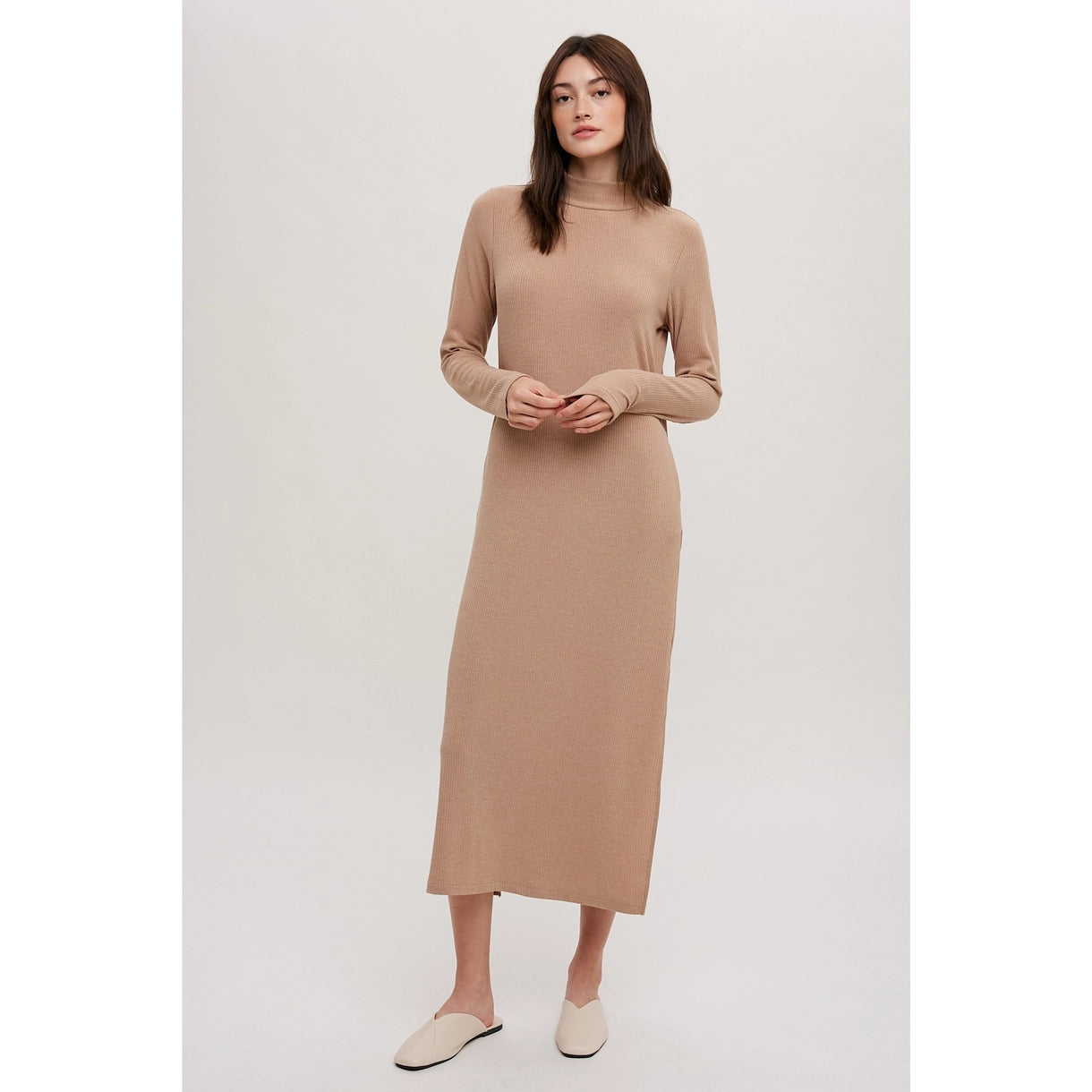 Mock Neck Knit Midi Dress Taupe