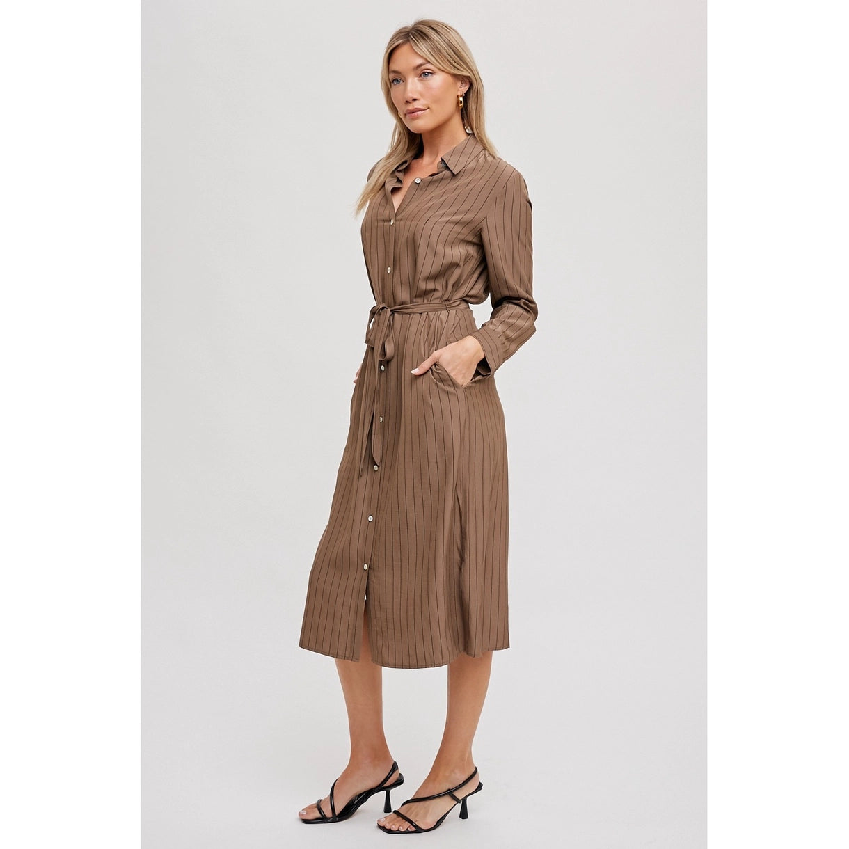 Stripe Midi Shirt Dress - Brown