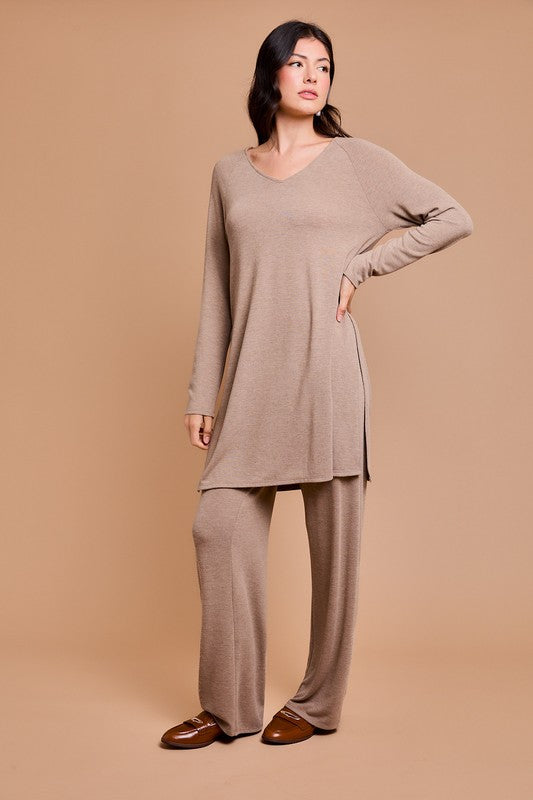 Naglan Long Sleeve Top and High Waist Pants - Camel