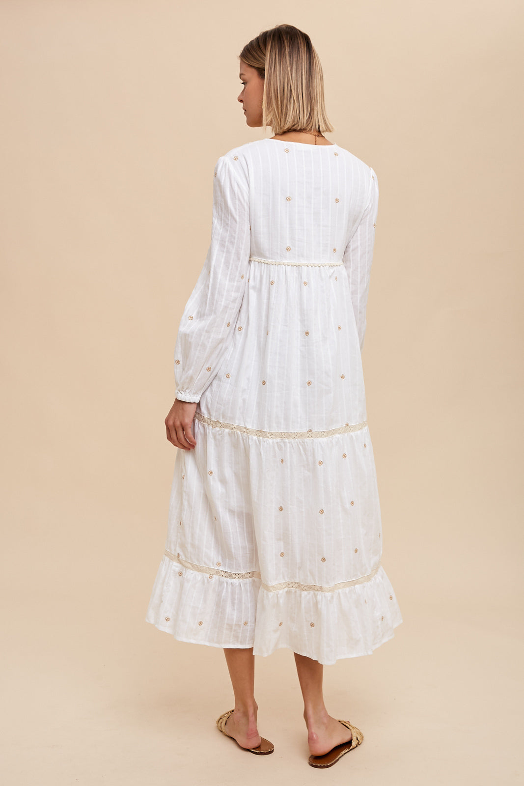 ALL OVER EMBROIDERY TIERED MIDI DRESS - Off White