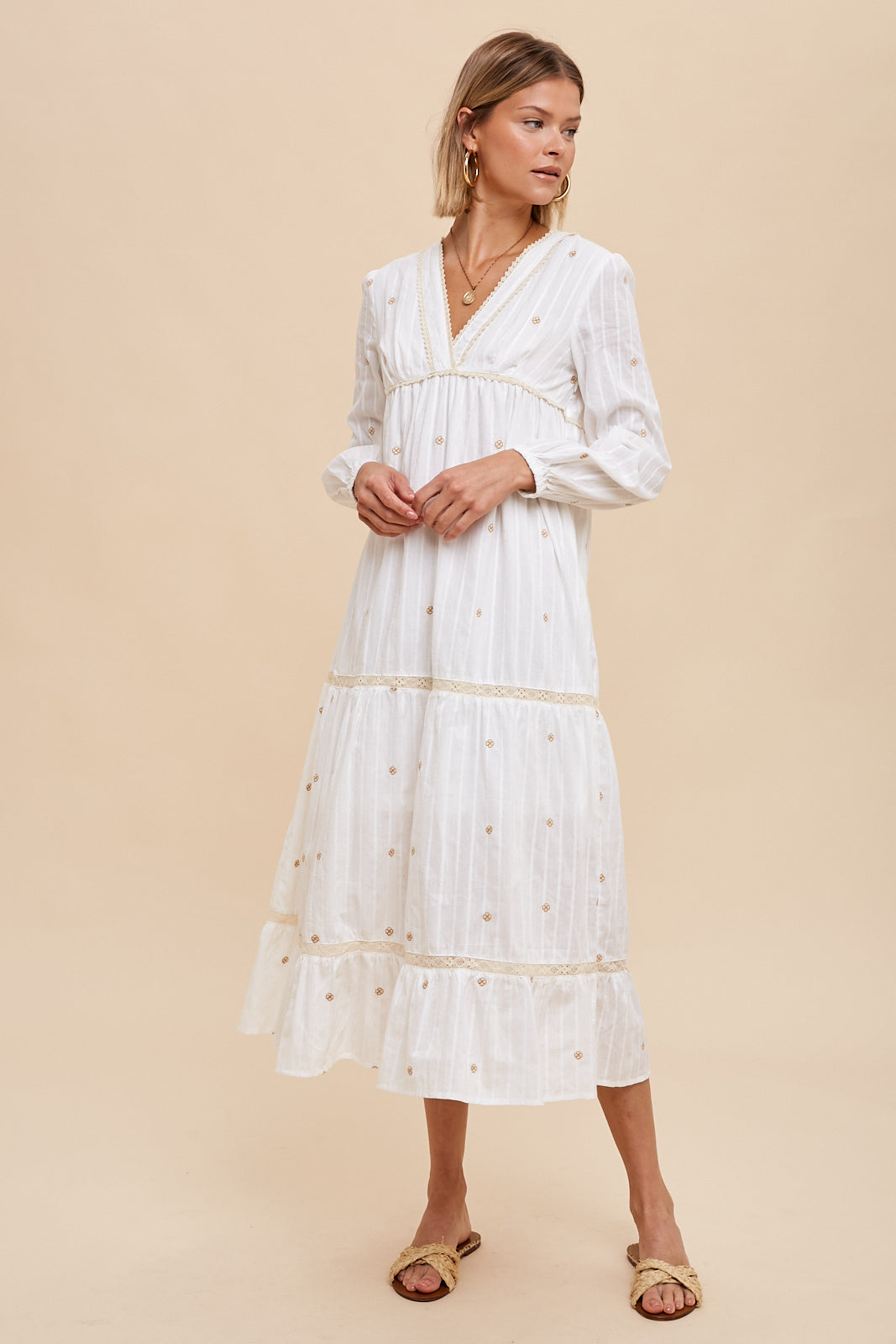 ALL OVER EMBROIDERY TIERED MIDI DRESS - Off White