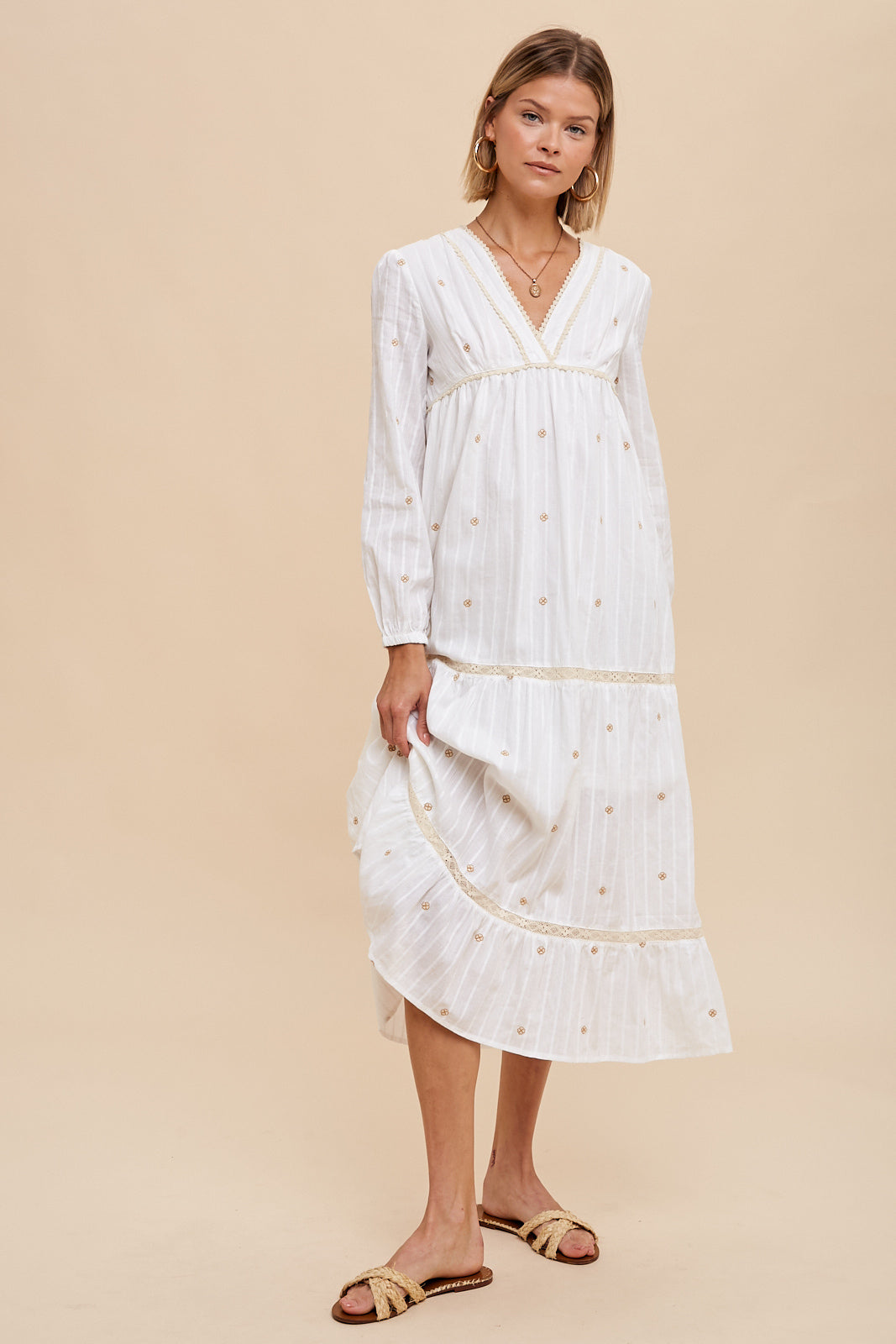 ALL OVER EMBROIDERY TIERED MIDI DRESS - Off White