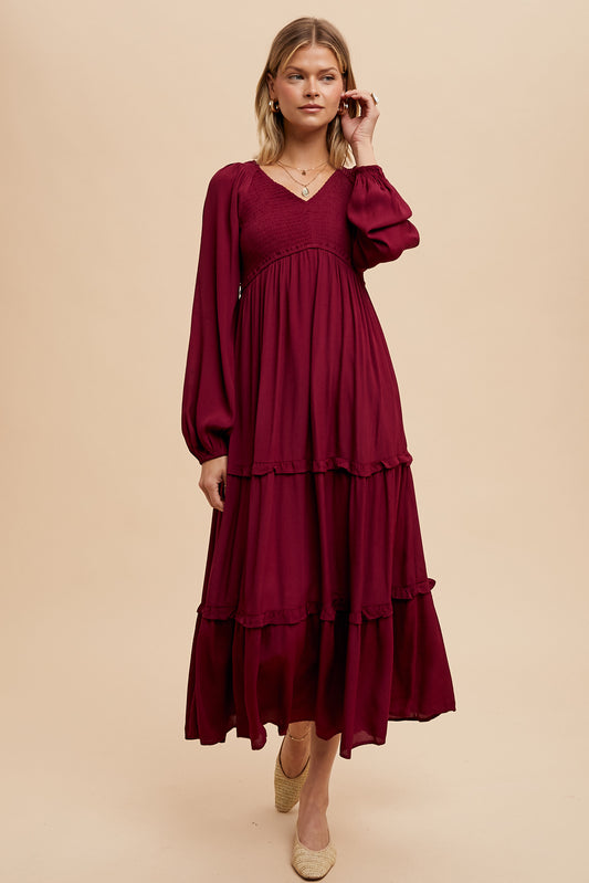 Smocked Ruffle Tiered Maxi Dress - CHERRY MERLOT