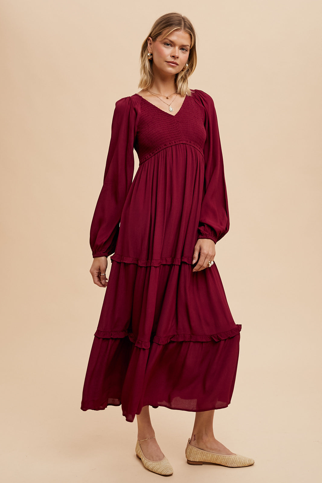 Smocked Ruffle Tiered Maxi Dress - CHERRY MERLOT