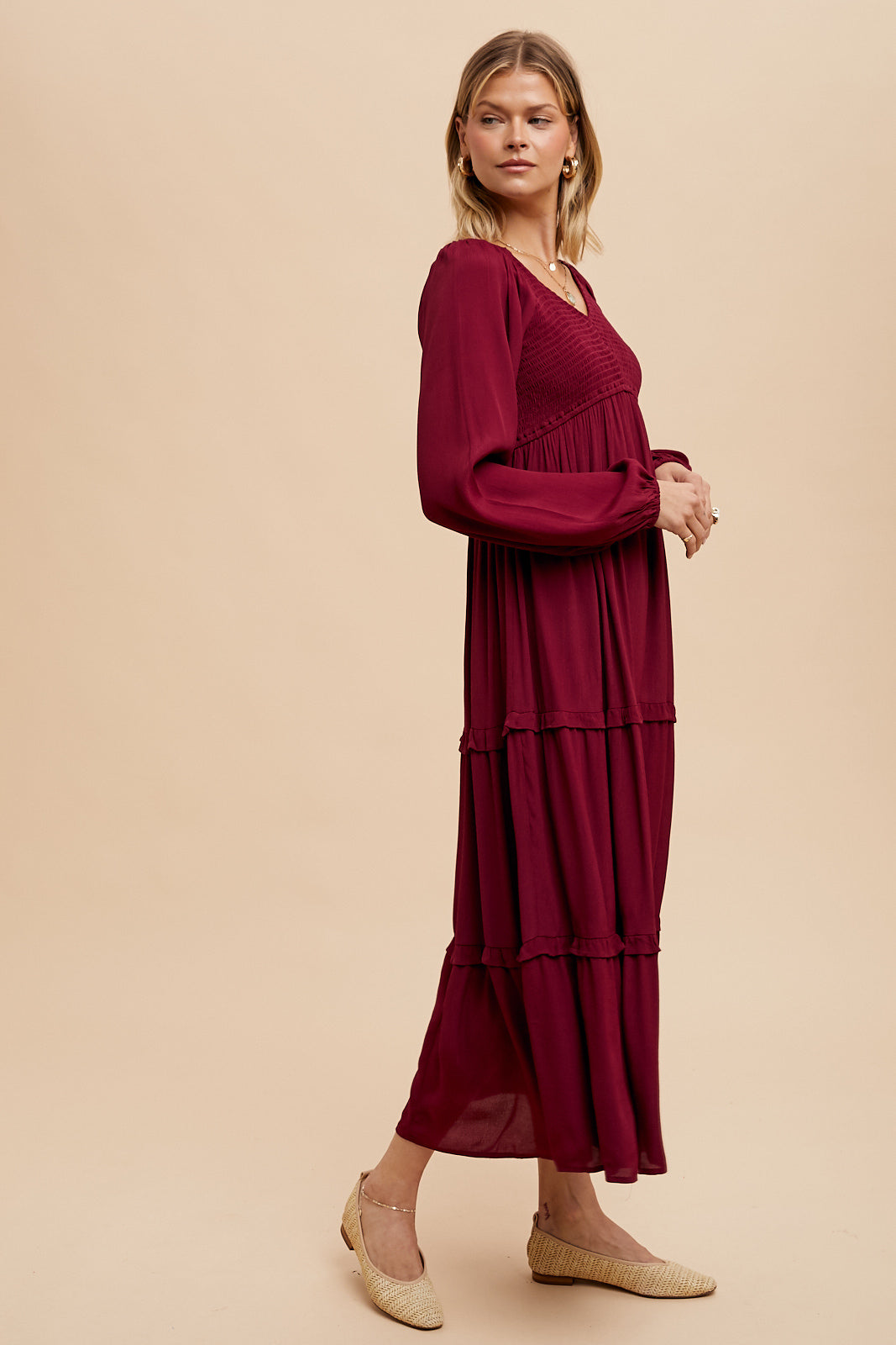 Smocked Ruffle Tiered Maxi Dress - CHERRY MERLOT