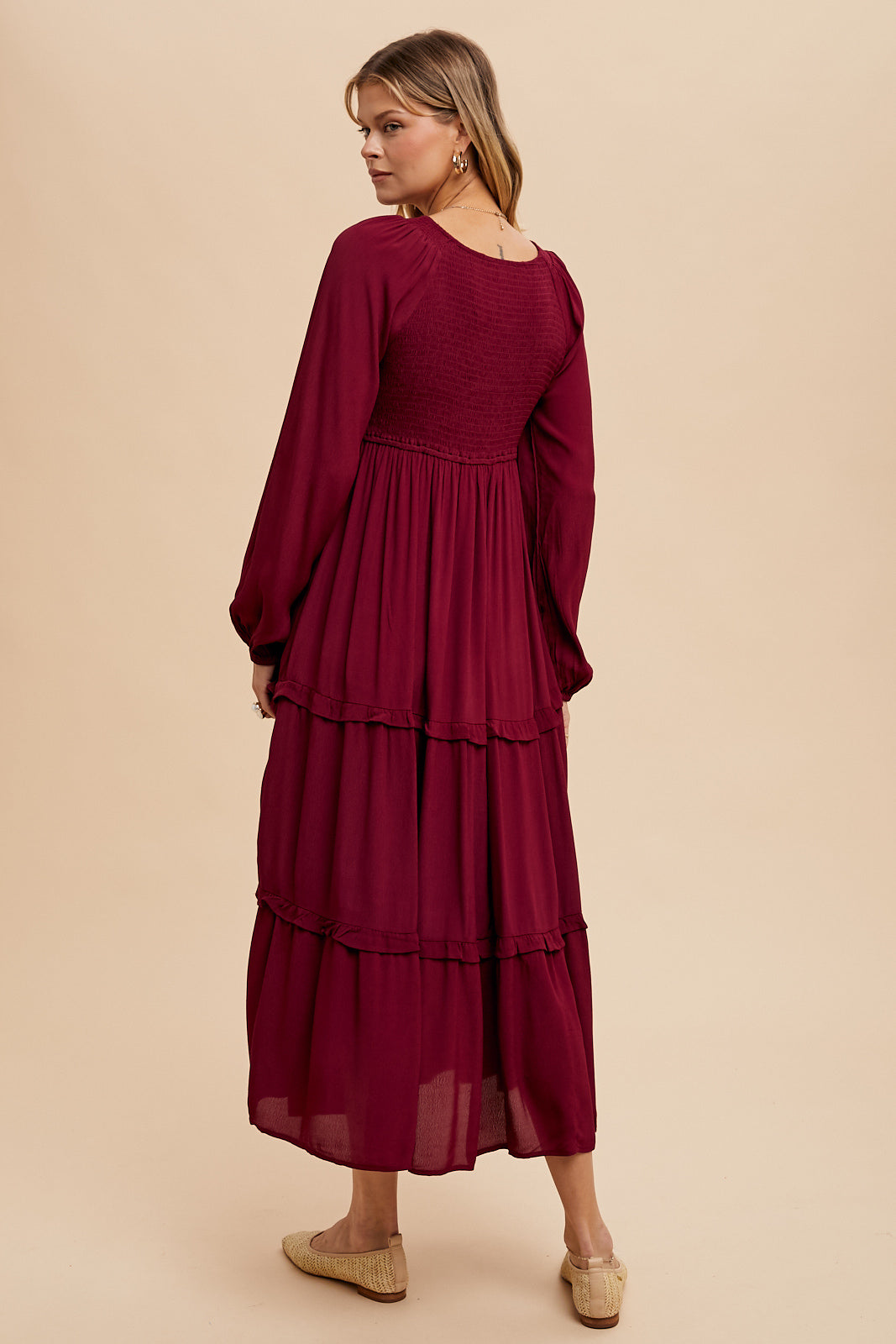 Smocked Ruffle Tiered Maxi Dress - CHERRY MERLOT