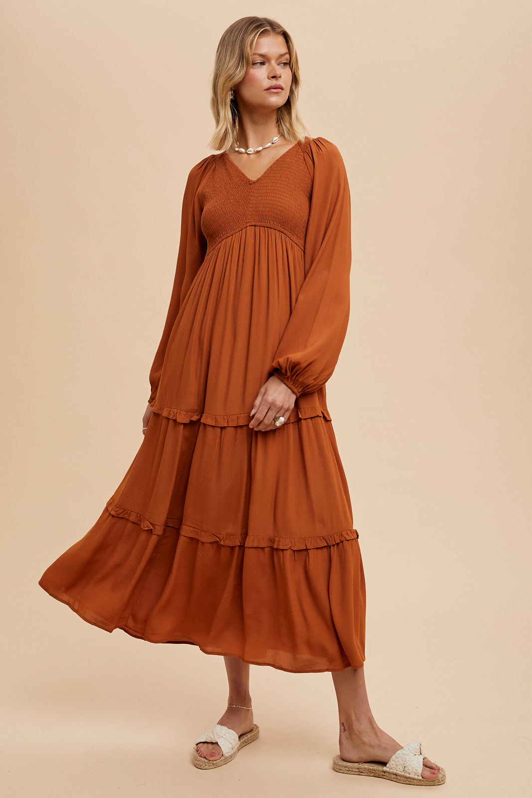 Smocked Ruffle Tiered Maxi Dress - SEPIA