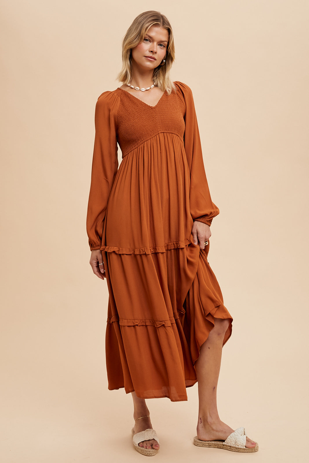 Smocked Ruffle Tiered Maxi Dress - SEPIA