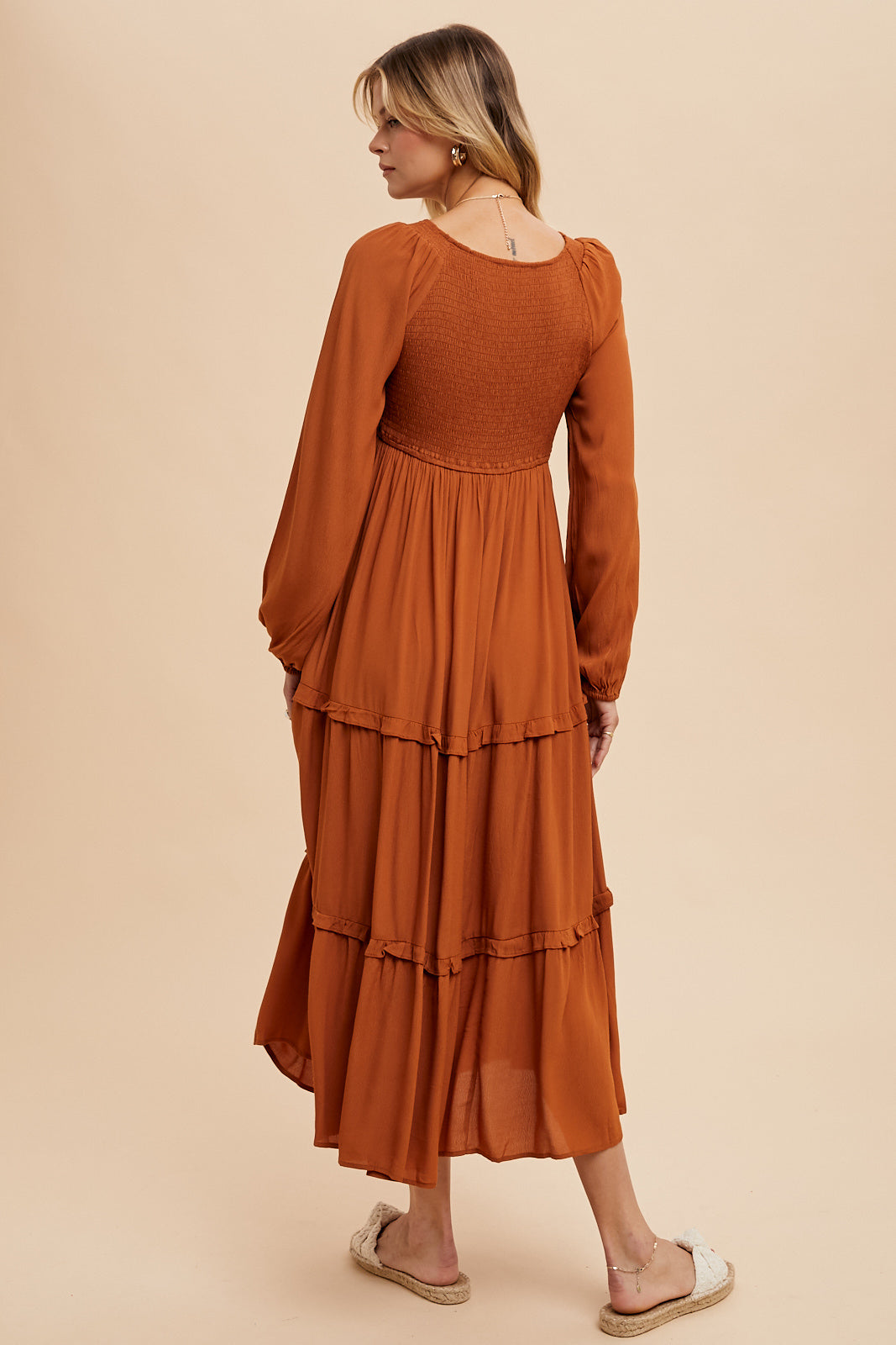 Smocked Ruffle Tiered Maxi Dress - SEPIA