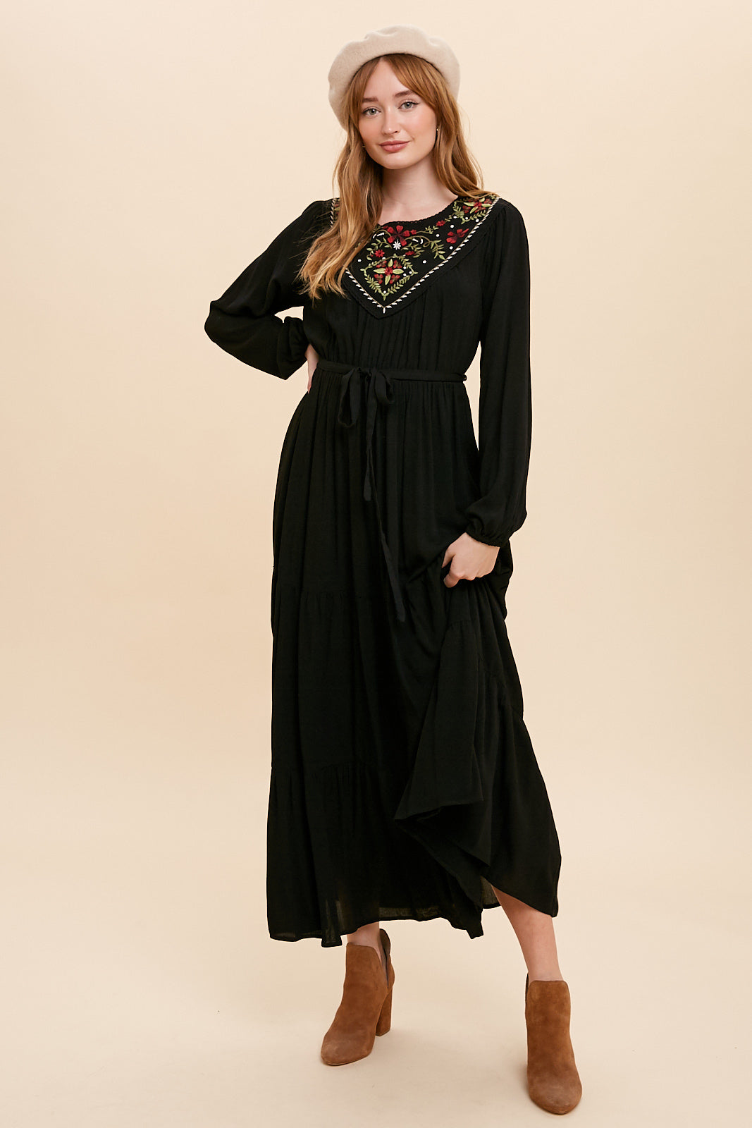 EMBROIDERED YOKE MAXI DRESS - BLACK