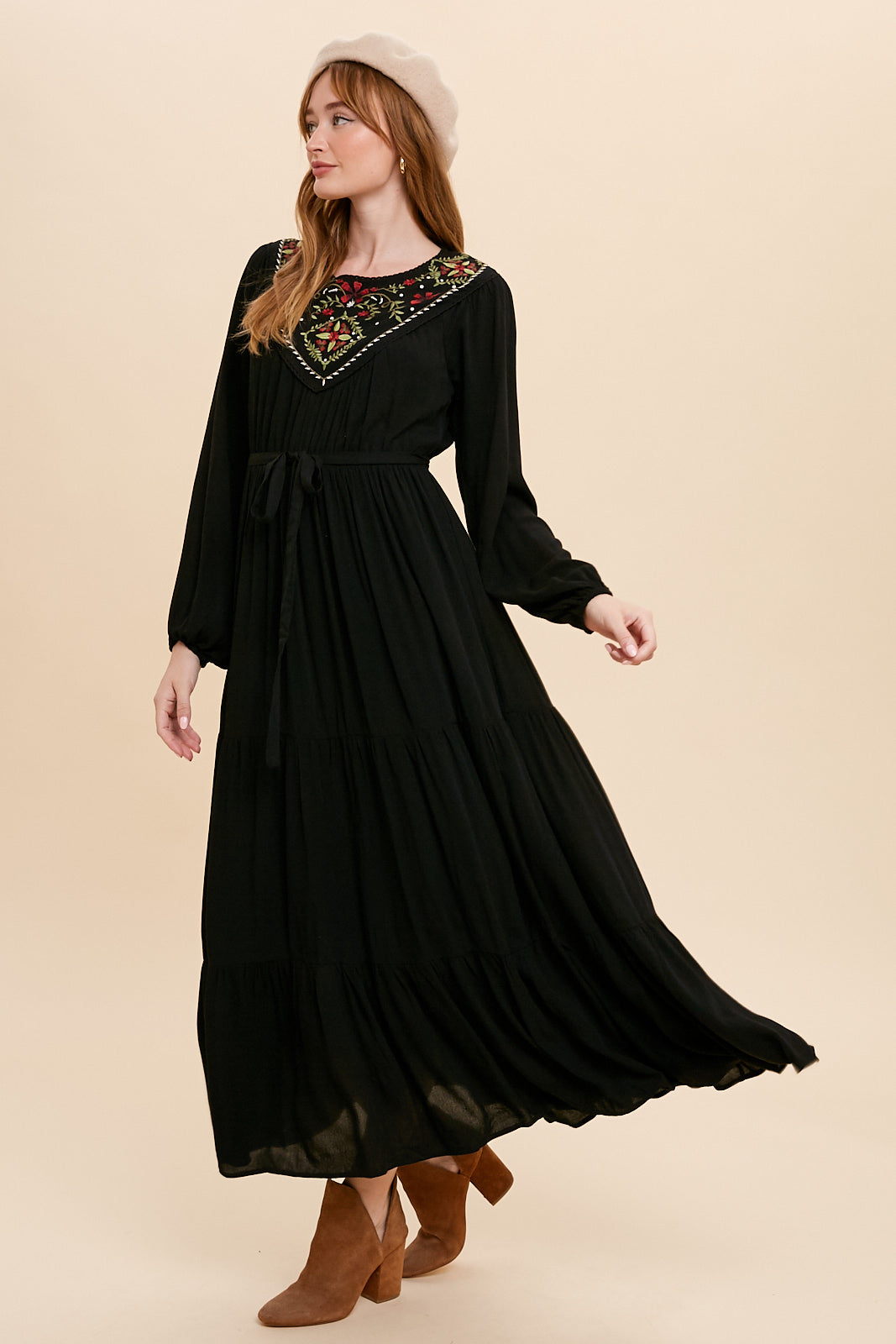 EMBROIDERED YOKE MAXI DRESS - BLACK