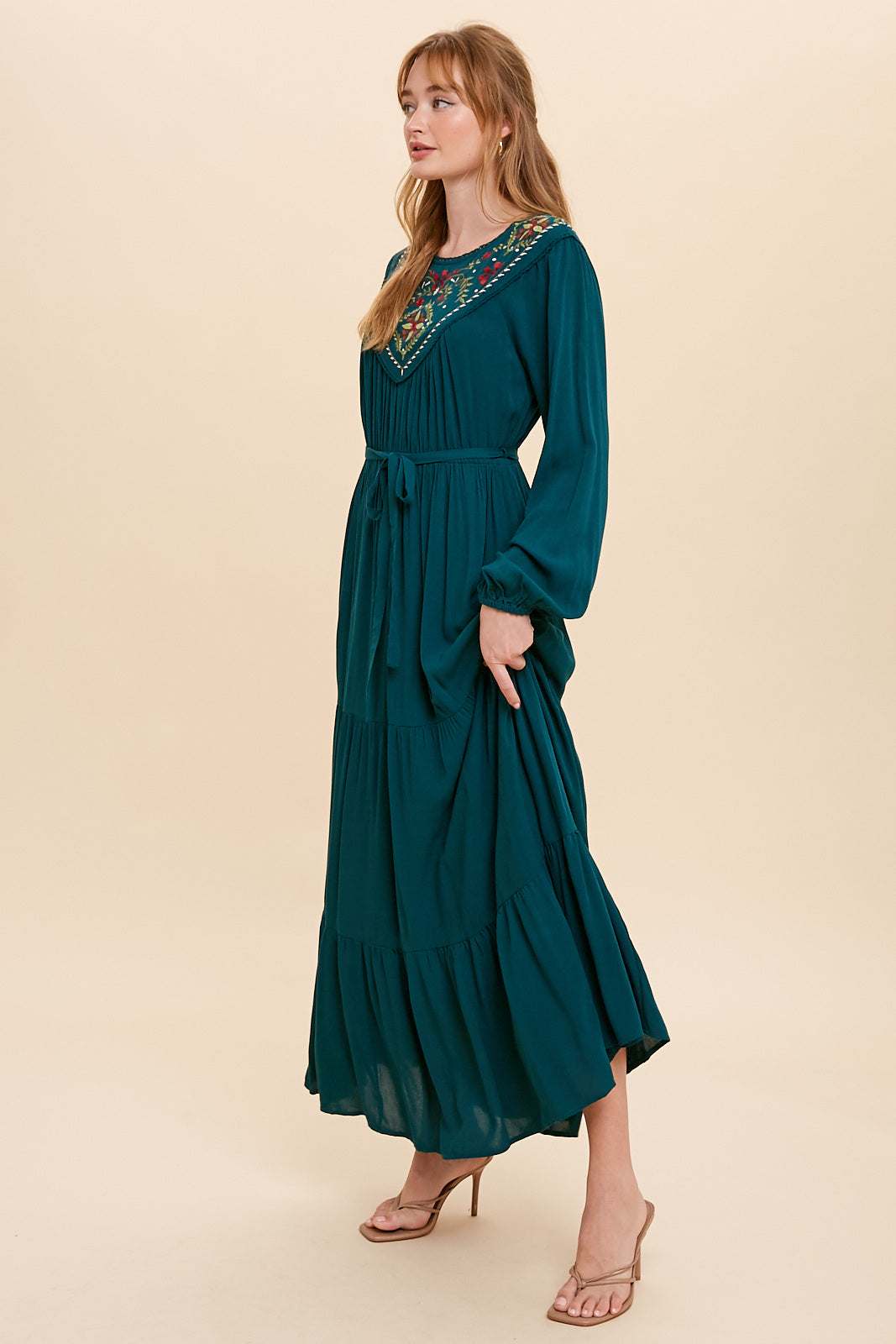 EMBROIDERED YOKE MAXI DRESS - EMERALD