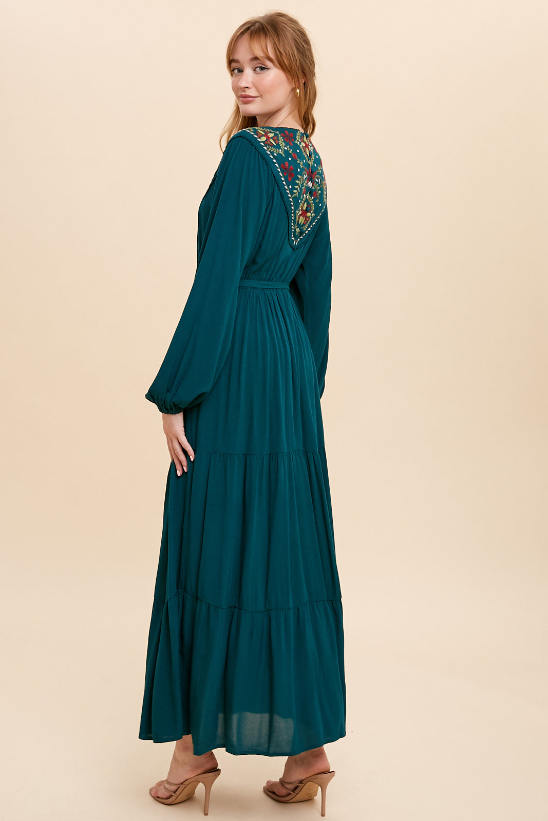EMBROIDERED YOKE MAXI DRESS - EMERALD