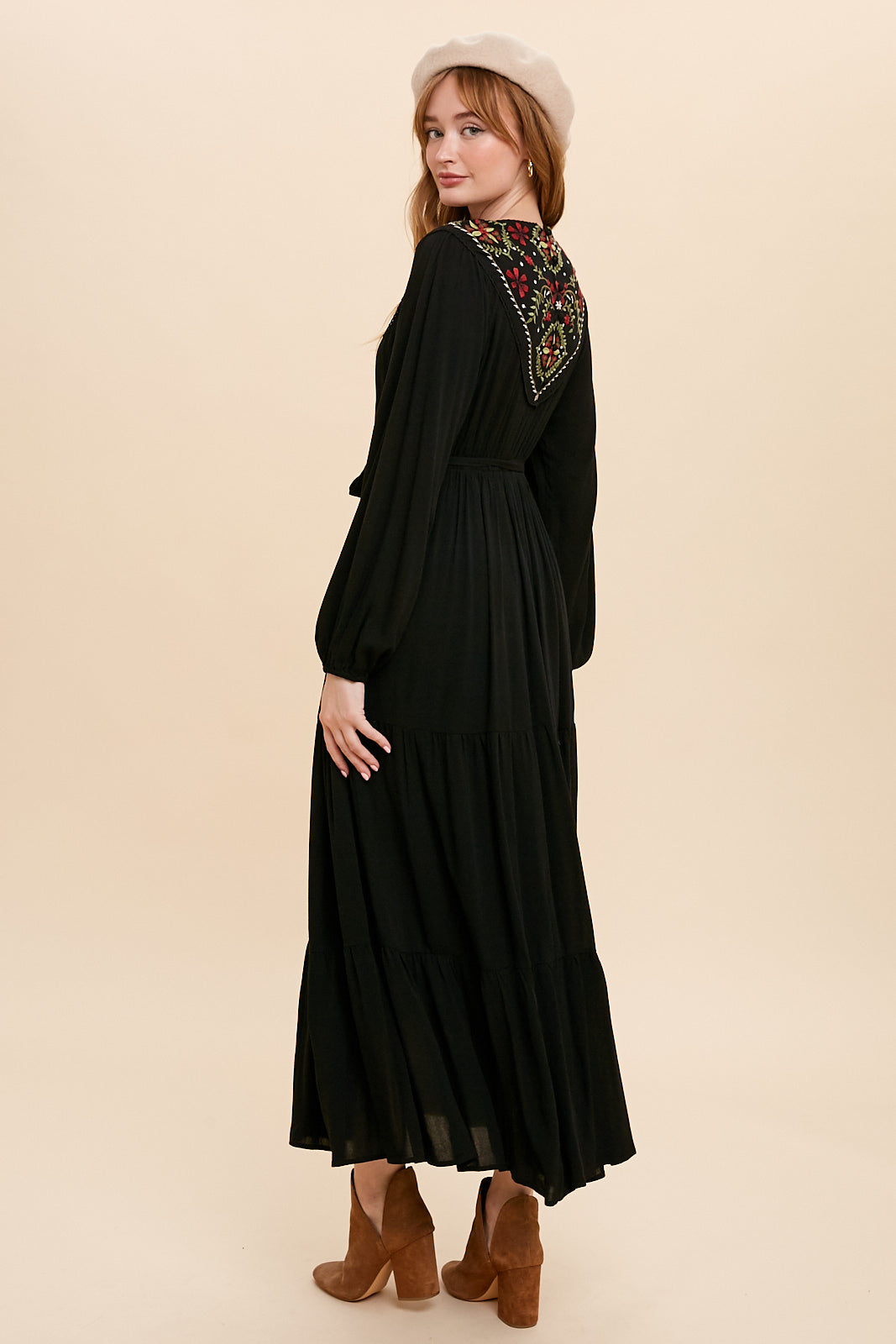 EMBROIDERED YOKE MAXI DRESS - BLACK