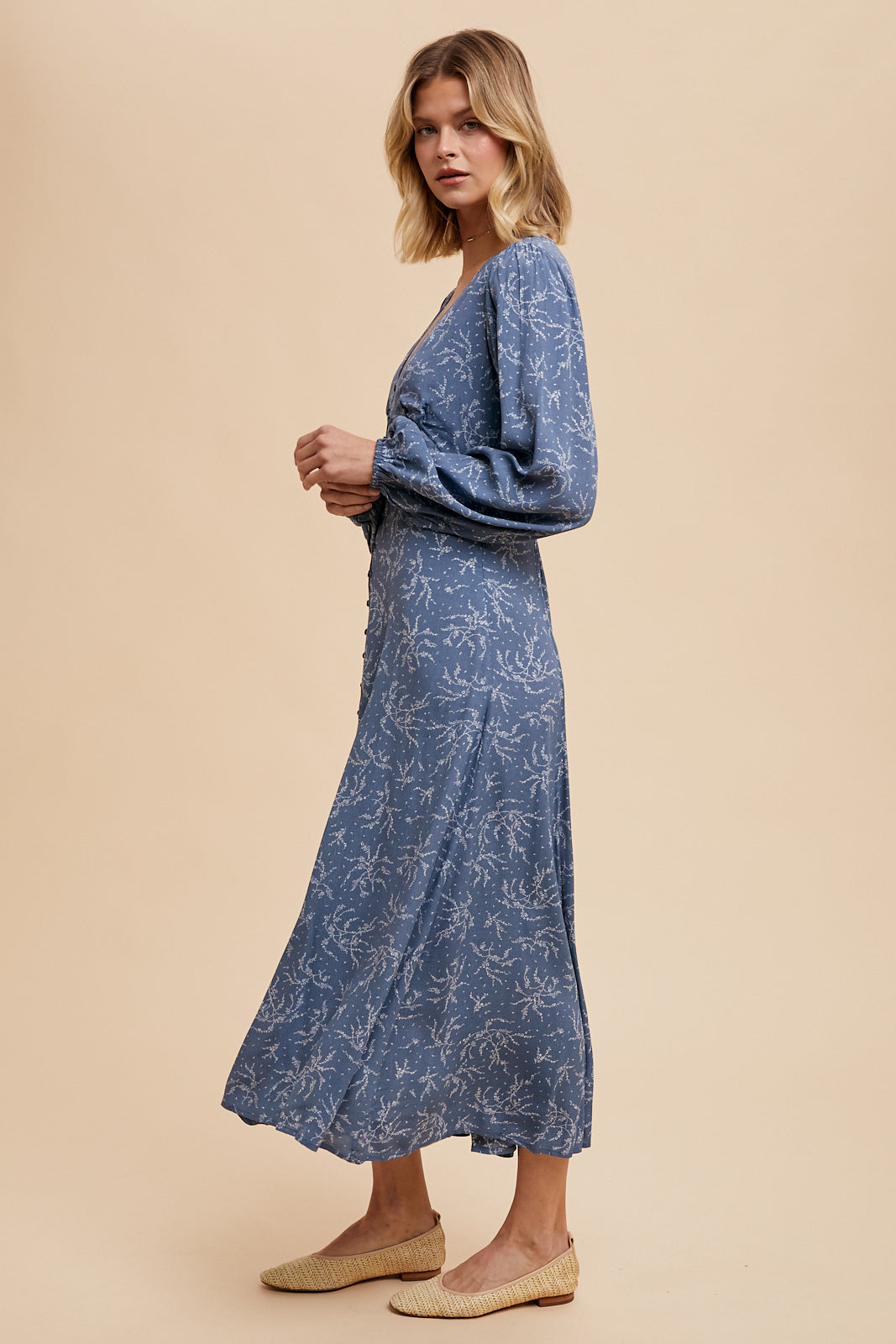 VISCOSE FLORAL BUTTON DOWN MAXI DRESS -  ELEMENTAL BLUE