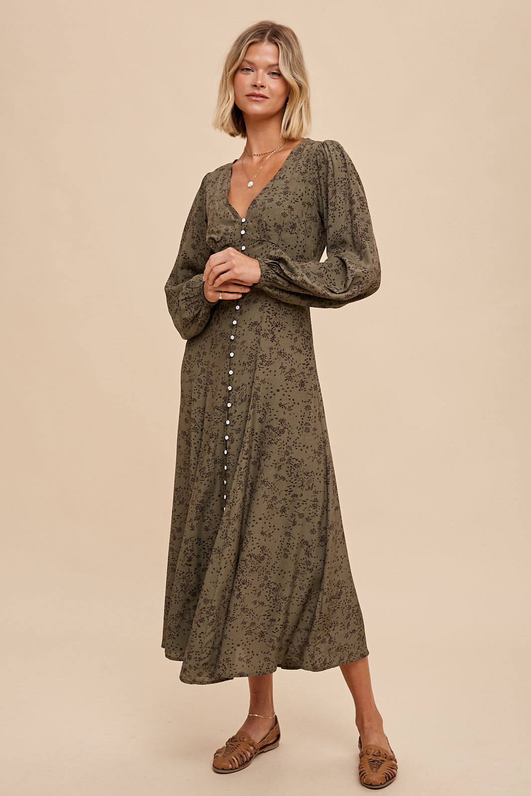 VISCOSE FLORAL BUTTON DOWN MAXI DRESS- OLIVE