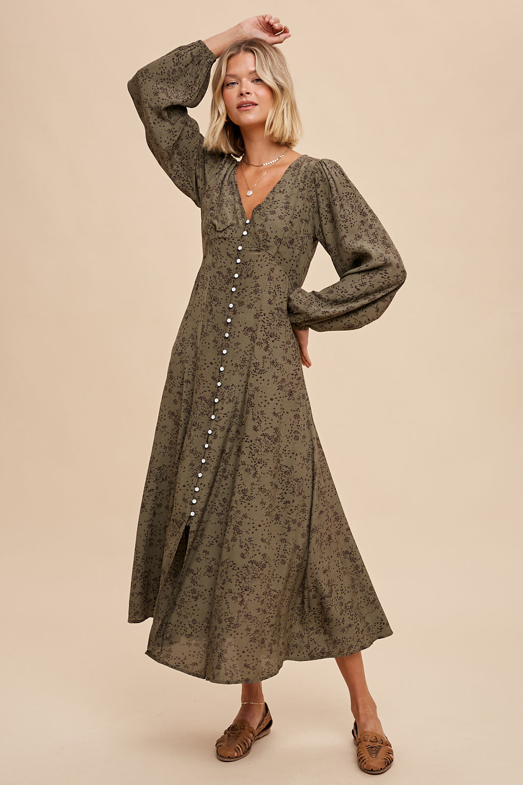 VISCOSE FLORAL BUTTON DOWN MAXI DRESS- OLIVE