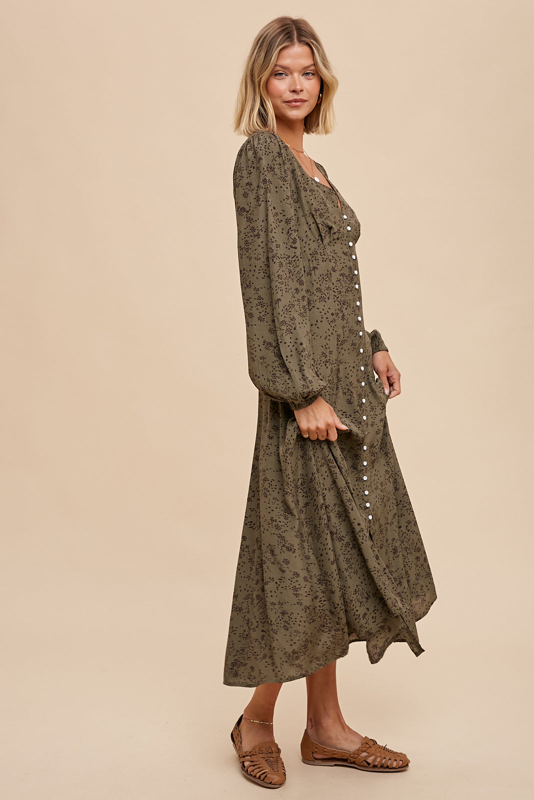 VISCOSE FLORAL BUTTON DOWN MAXI DRESS- OLIVE