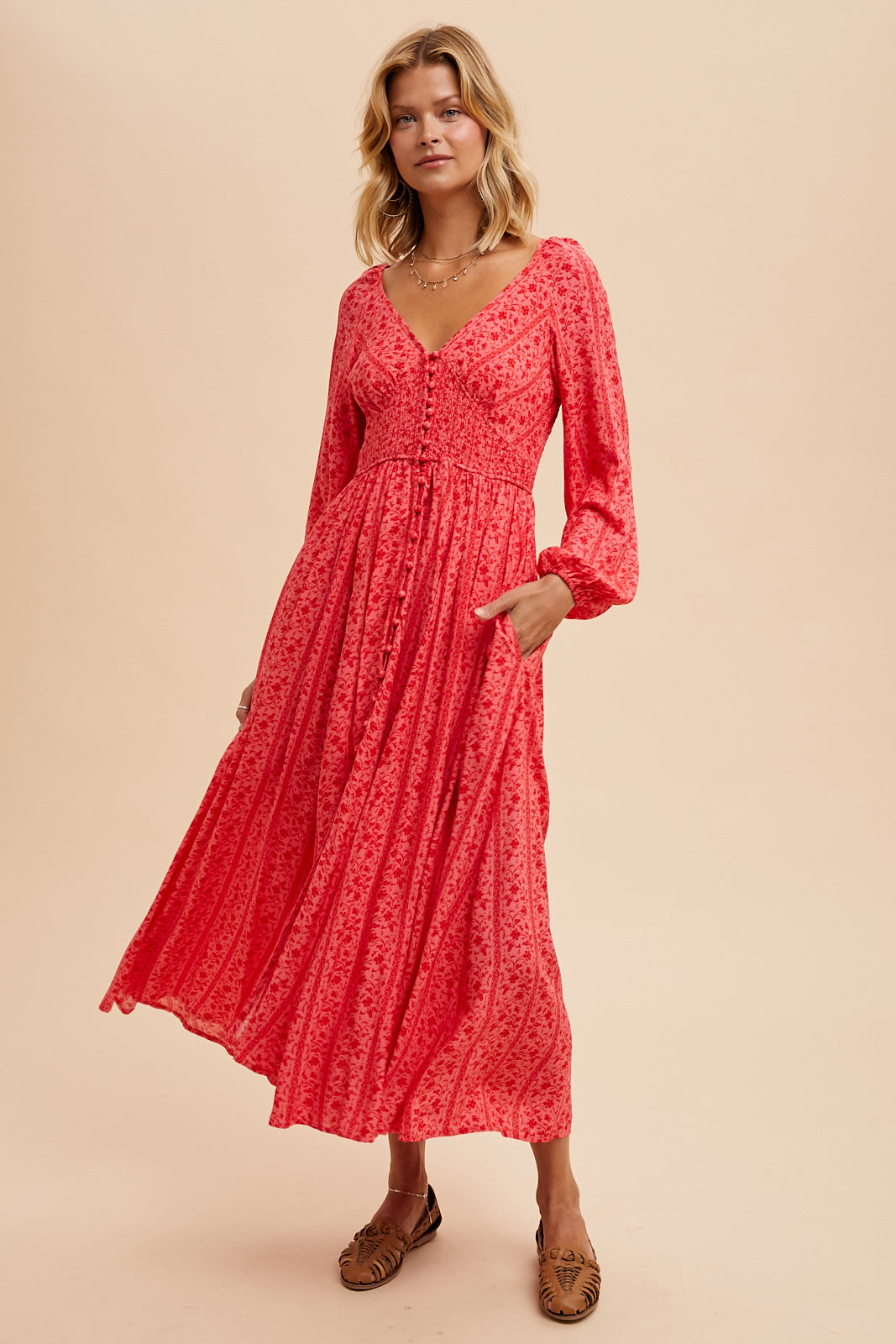 Smocked Floral Maxi Dress - CHERRY TOMATO