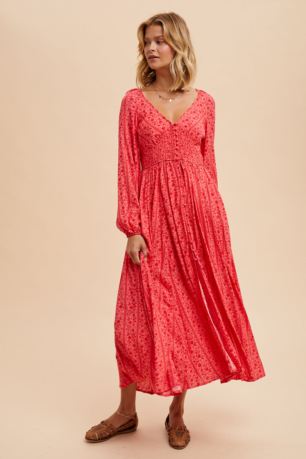 Smocked Floral Maxi Dress - CHERRY TOMATO