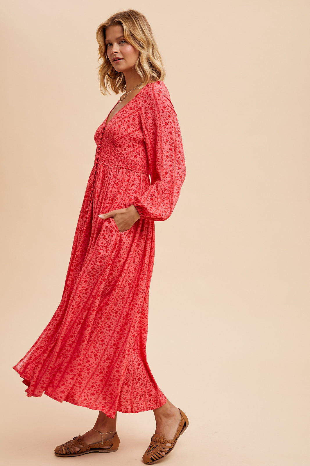 Smocked Floral Maxi Dress - CHERRY TOMATO