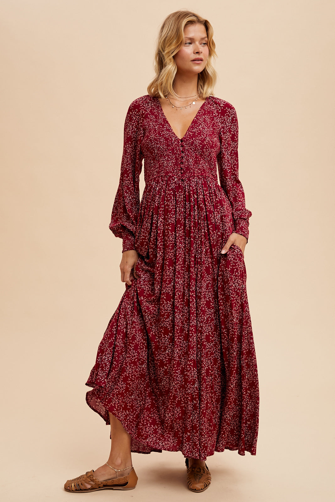 Smocked Floral Maxi Dress - BLACK RASPBERRY