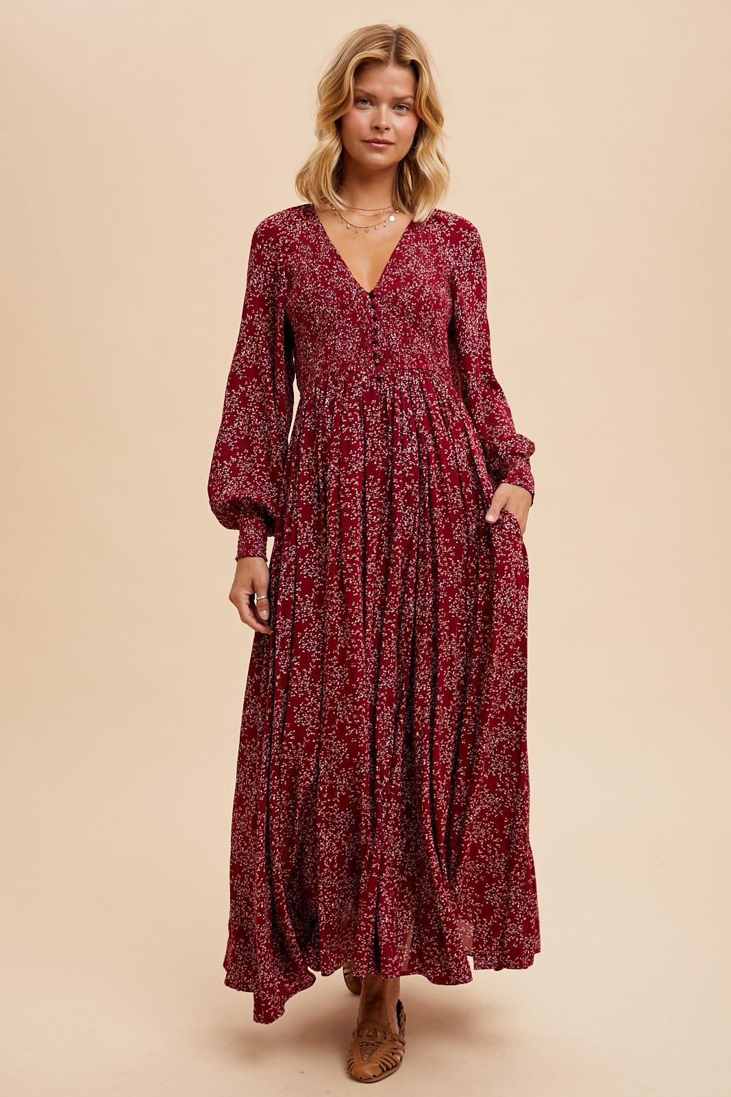 Smocked Floral Maxi Dress - BLACK RASPBERRY