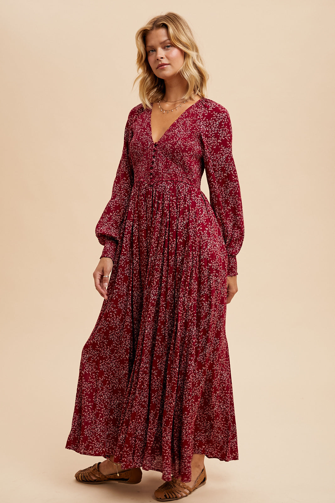 Smocked Floral Maxi Dress - BLACK RASPBERRY