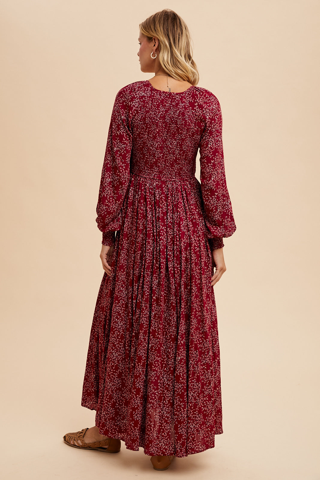 Smocked Floral Maxi Dress - BLACK RASPBERRY