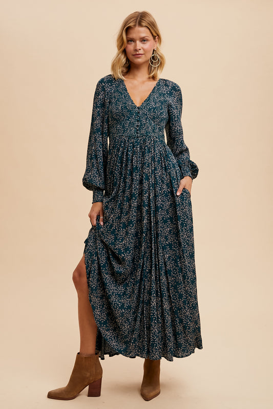 Smocked Floral Maxi Dress - DARK FOREST GREEN