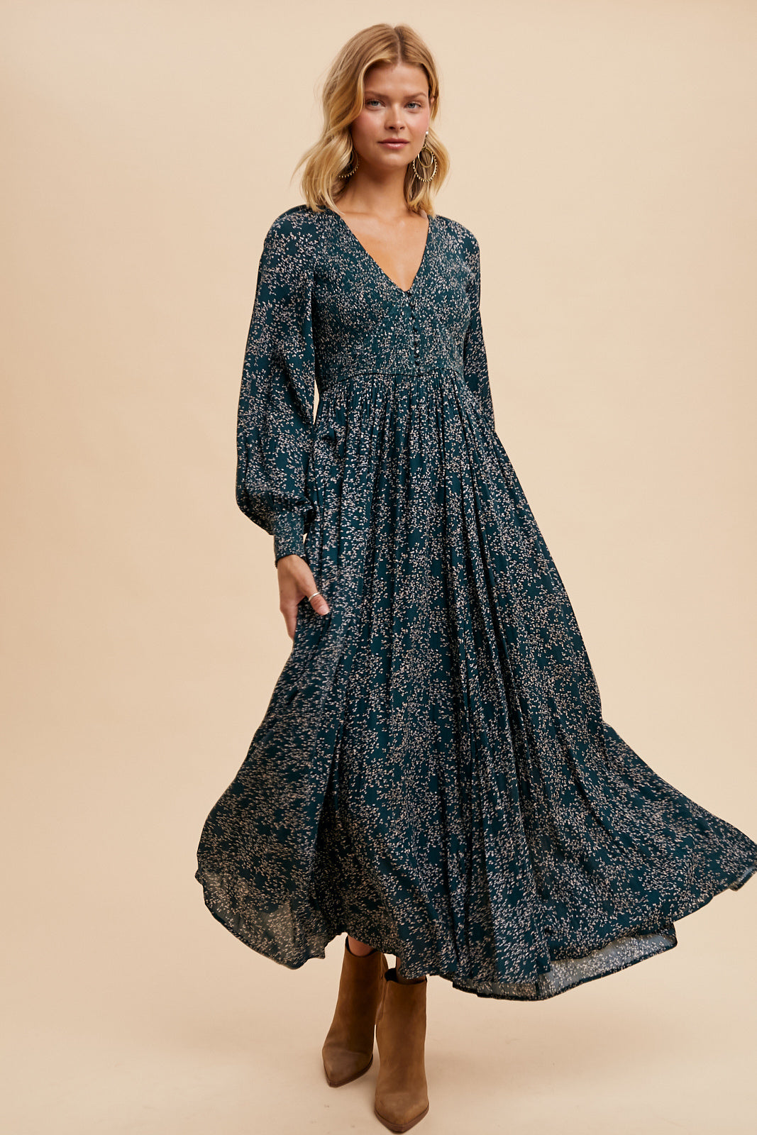 Smocked Floral Maxi Dress - DARK FOREST GREEN