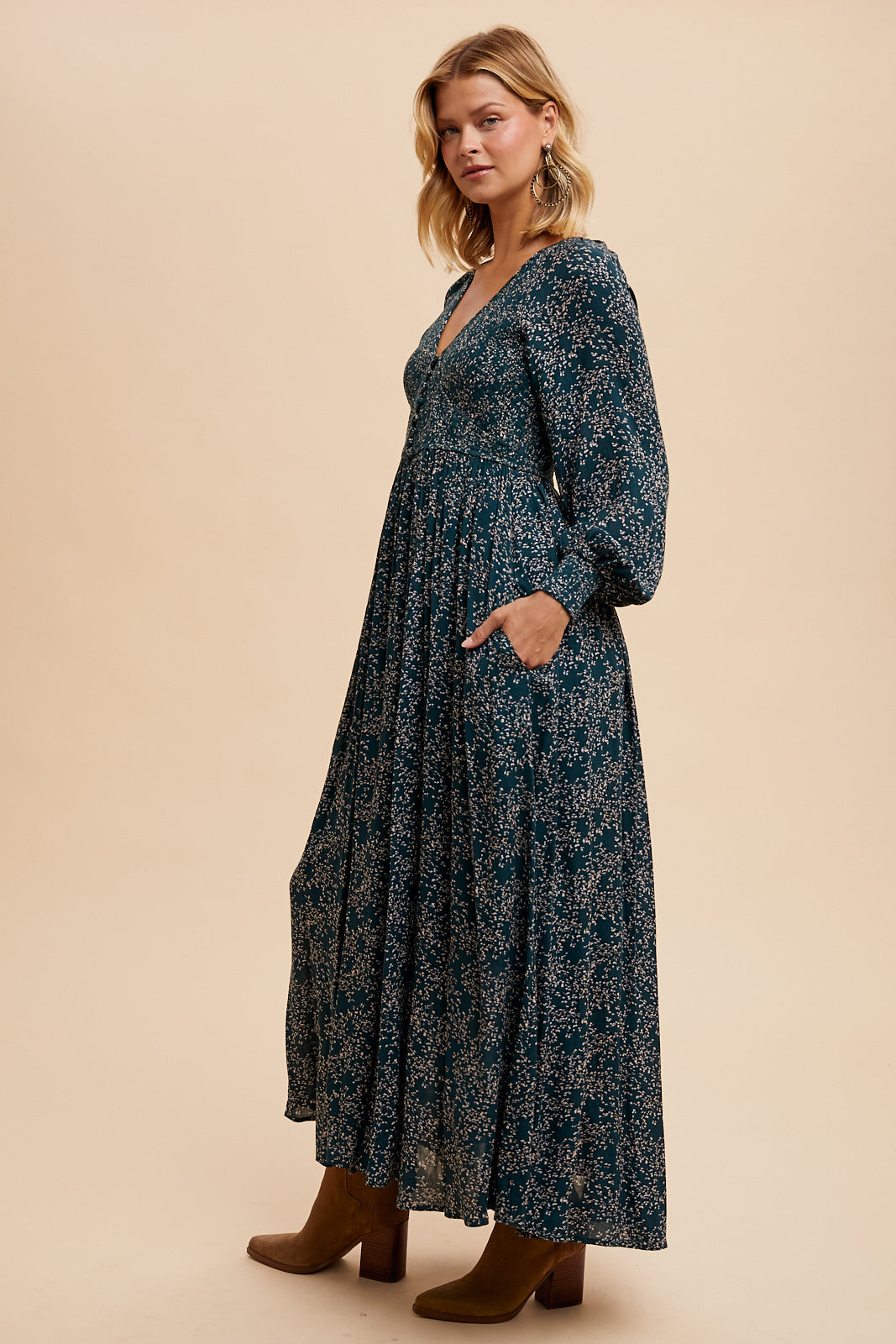 Smocked Floral Maxi Dress - DARK FOREST GREEN