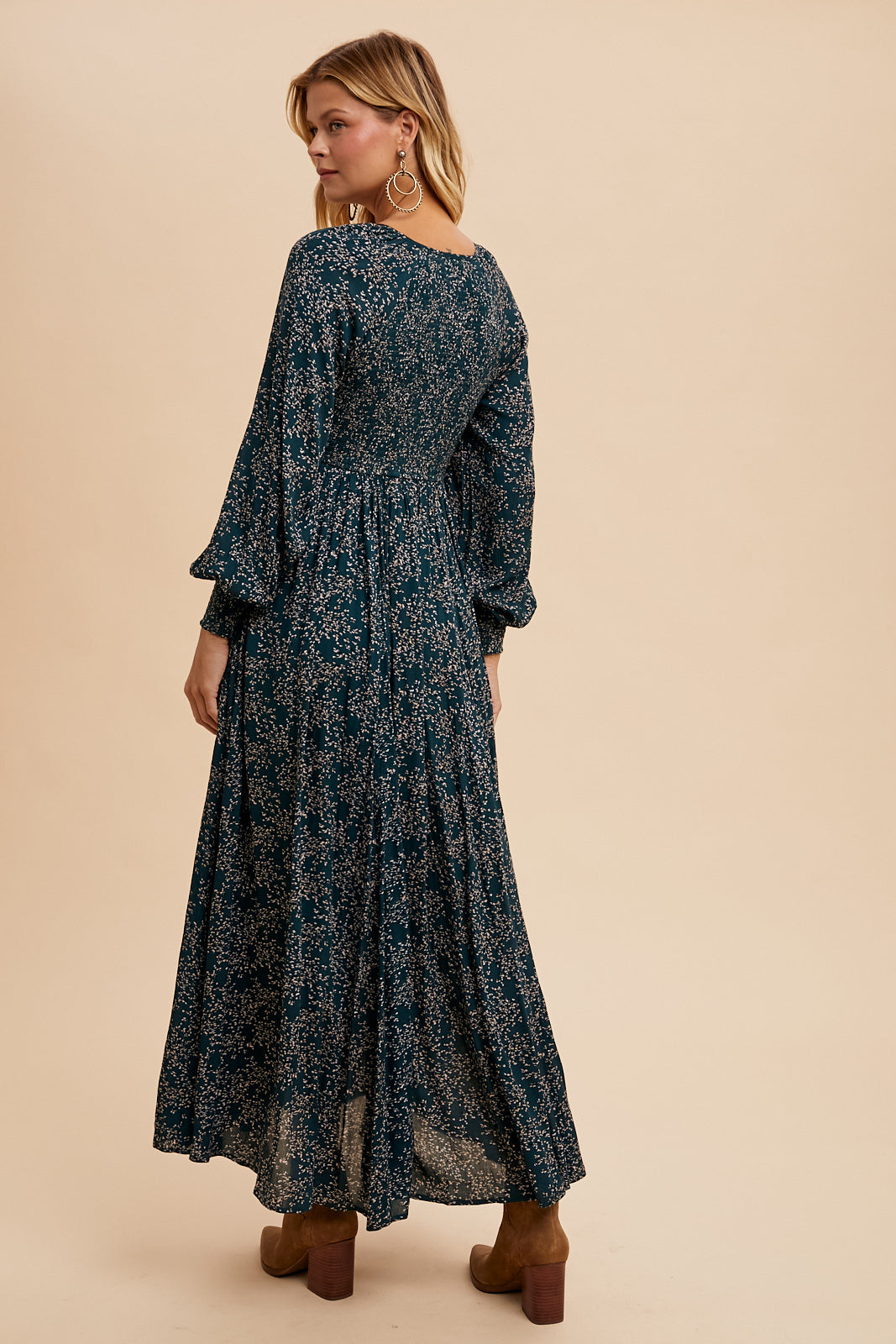 Smocked Floral Maxi Dress - DARK FOREST GREEN