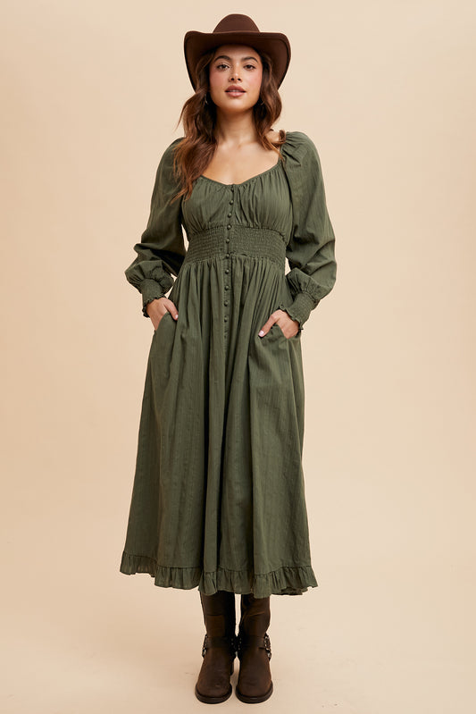 Cotton Button Down Midi Dress - Dark Olive