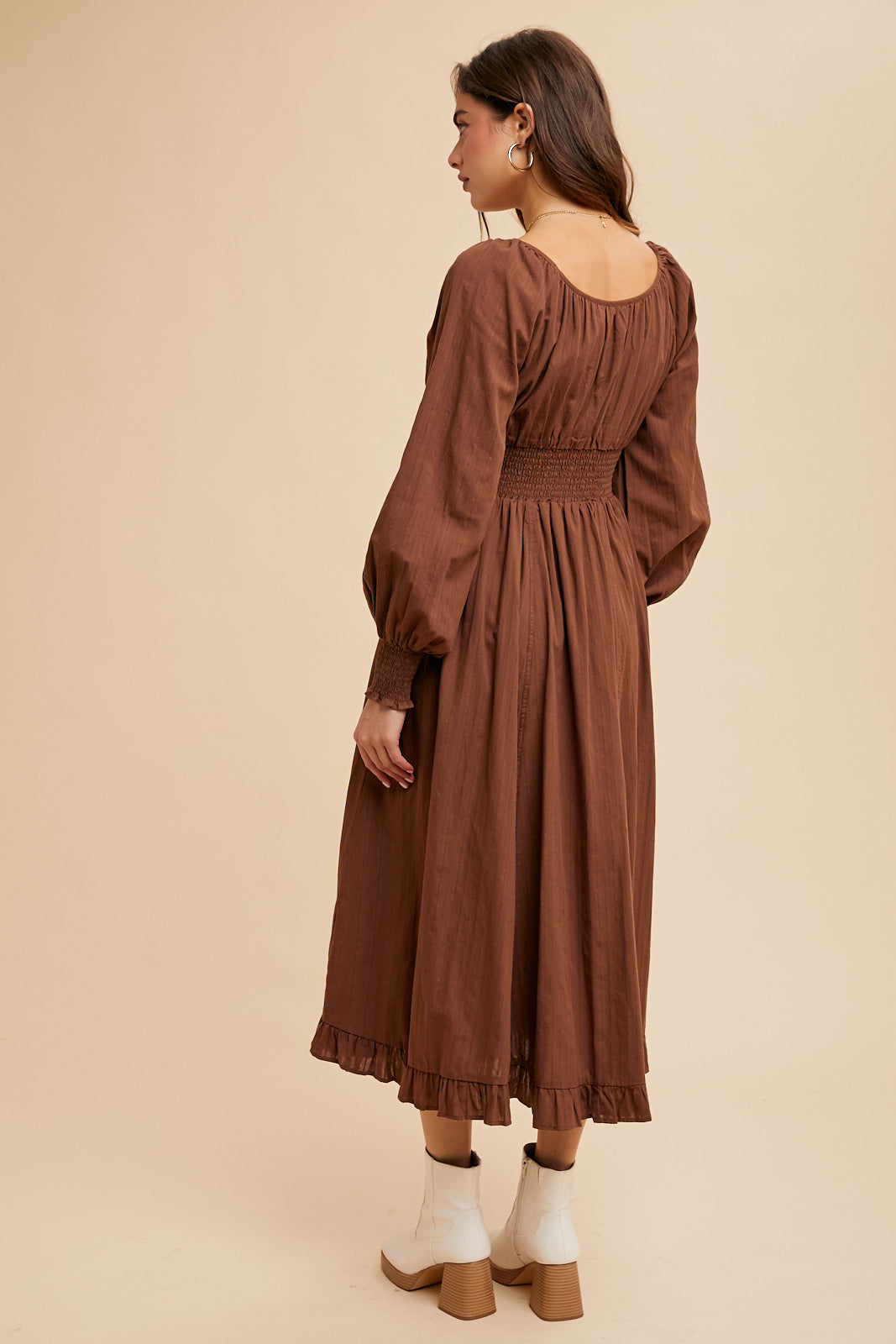 Cotton Button Down Midi Dress - MOCHA