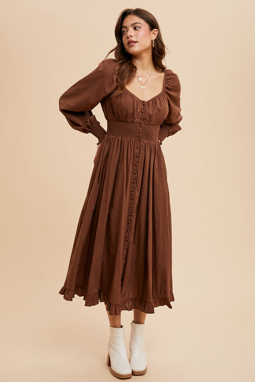 Cotton Button Down Midi Dress - MOCHA