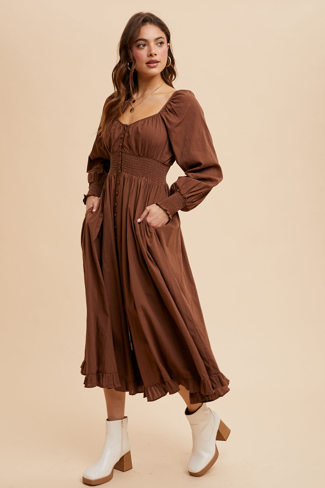 Cotton Button Down Midi Dress - MOCHA