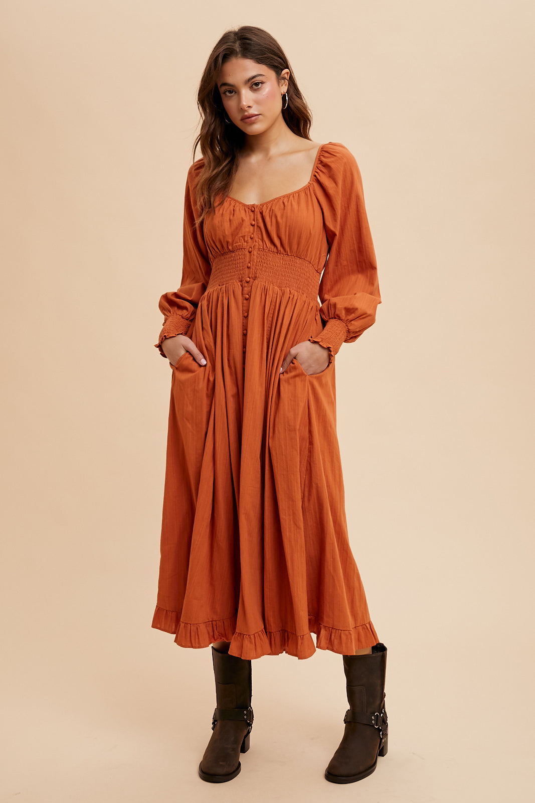 Cotton Button Down Midi Dress - RUST