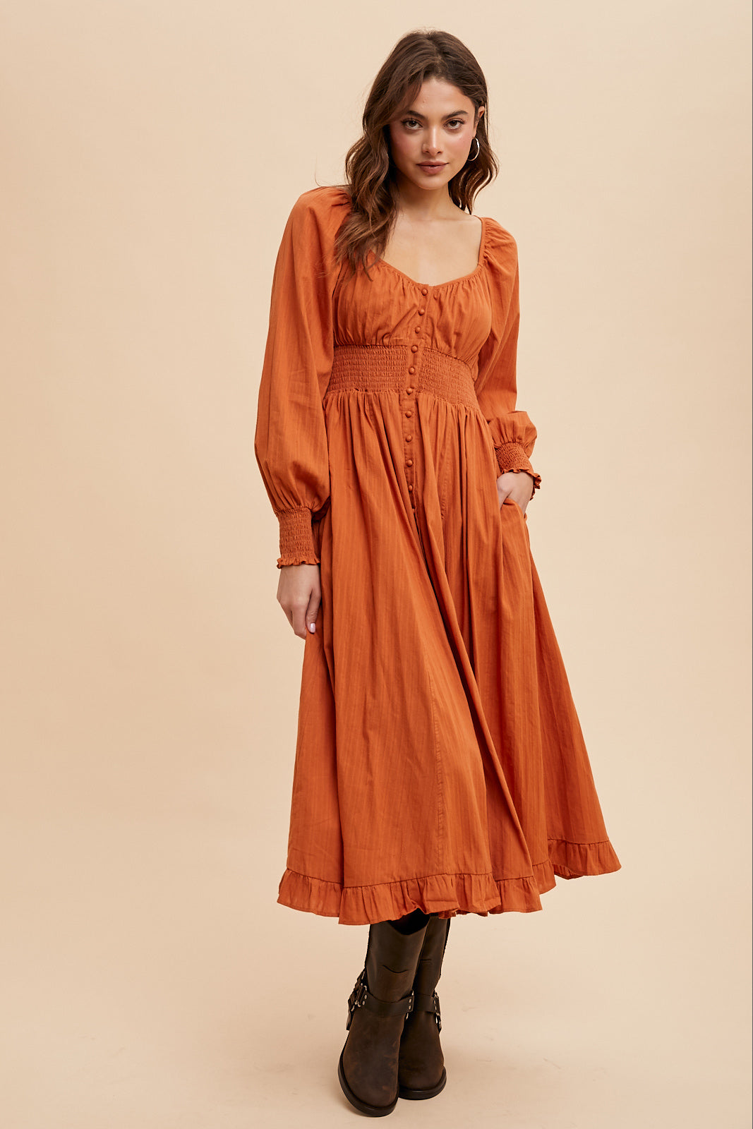 Cotton Button Down Midi Dress - RUST