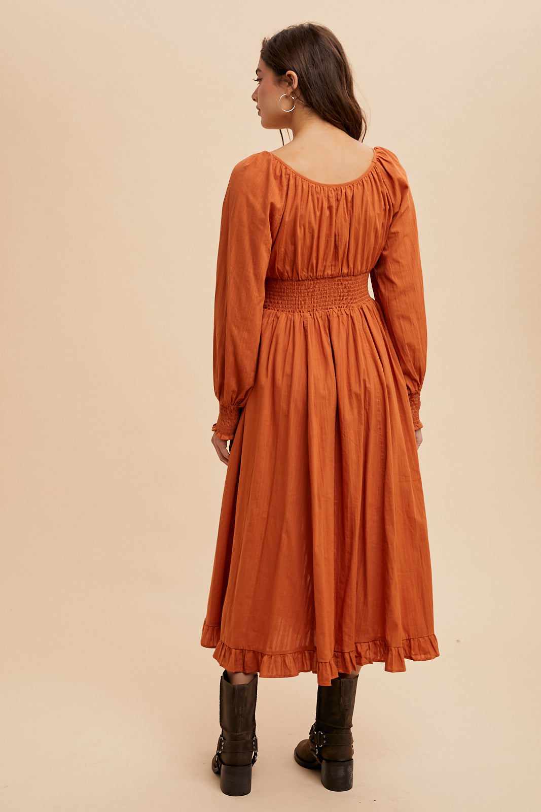 Cotton Button Down Midi Dress - RUST