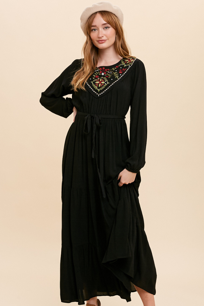 EMBROIDERED YOKE MAXI DRESS - BLACK