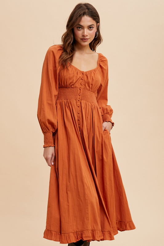 Cotton Button Down Midi Dress - RUST