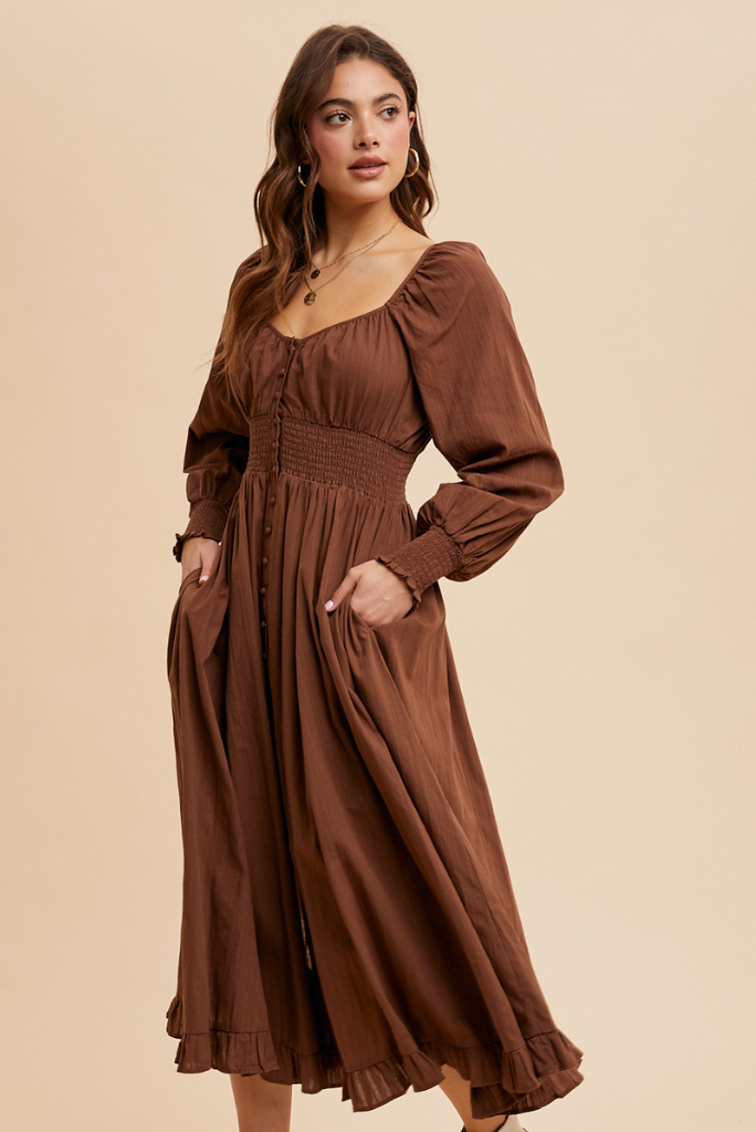 Cotton Button Down Midi Dress - MOCHA