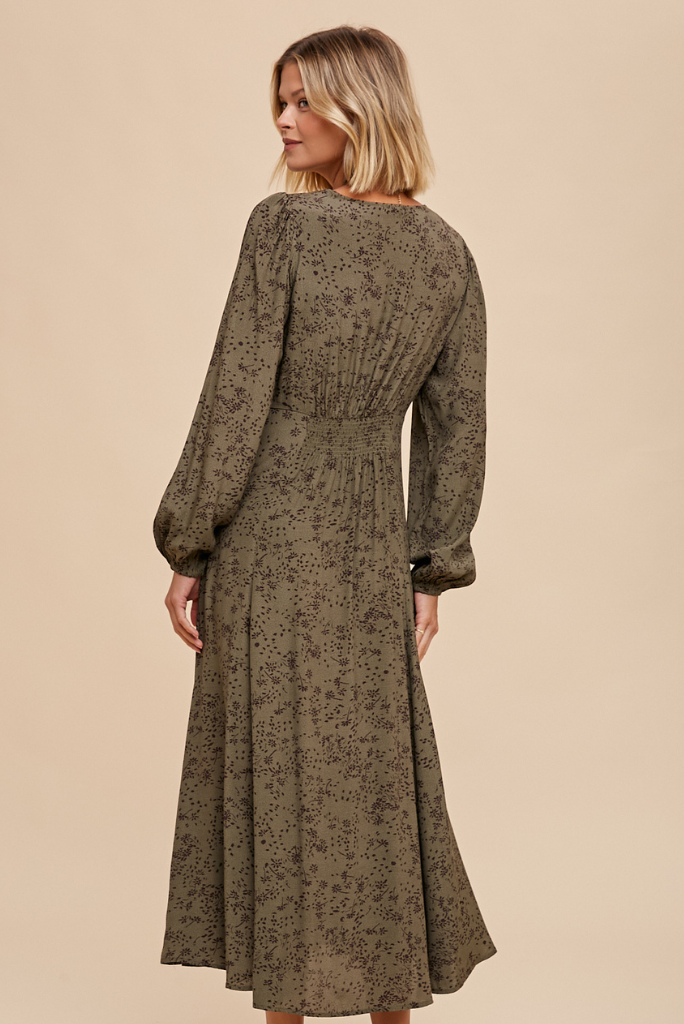 VISCOSE FLORAL BUTTON DOWN MAXI DRESS- OLIVE